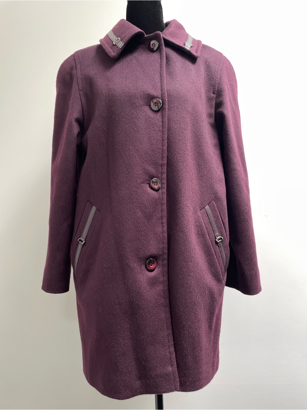 Fen-Nelli Pure Virgin Wool Plum Coat Leather Trim Women’s Medium Vintage